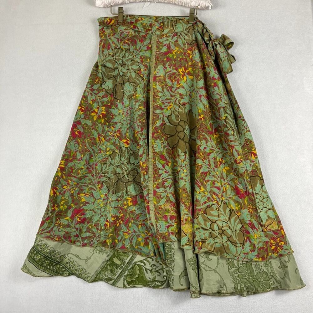 Vtg Darn Good Yarn Silk Sari Bedazzled Wrap Skirt Reversible Sz 4-12 Hippie Boho